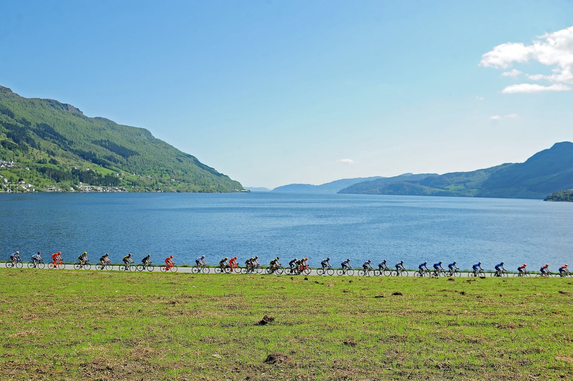 Et langt sykkelfelt passerer mellom grønne jorder og fjorden under Tour des Fjords.